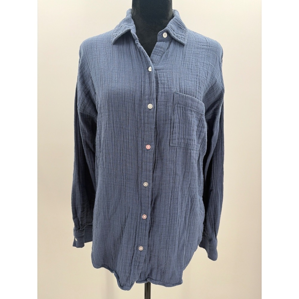 Loft Outlet Womens Medium Navy Blue Cotton Double Gauze Button Down Shirt SP24